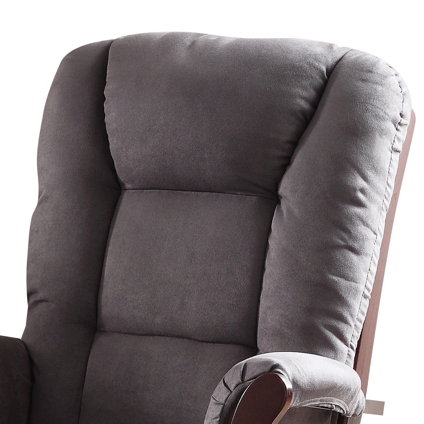 Comfortable gray recliner with plush cushioning and wooden frame
