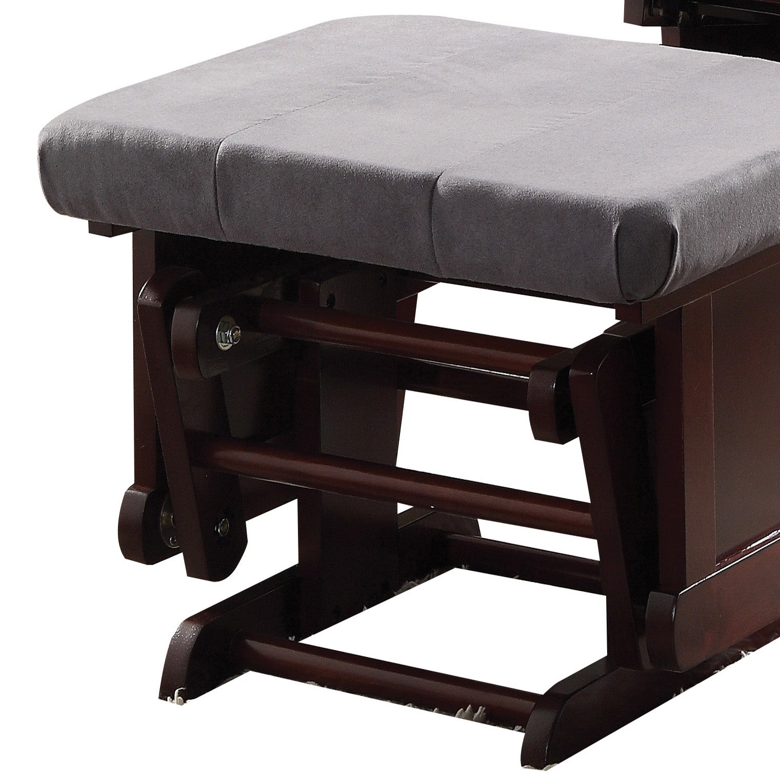 Closeup of a gray upholstered seat on a dark wood glider mechanism