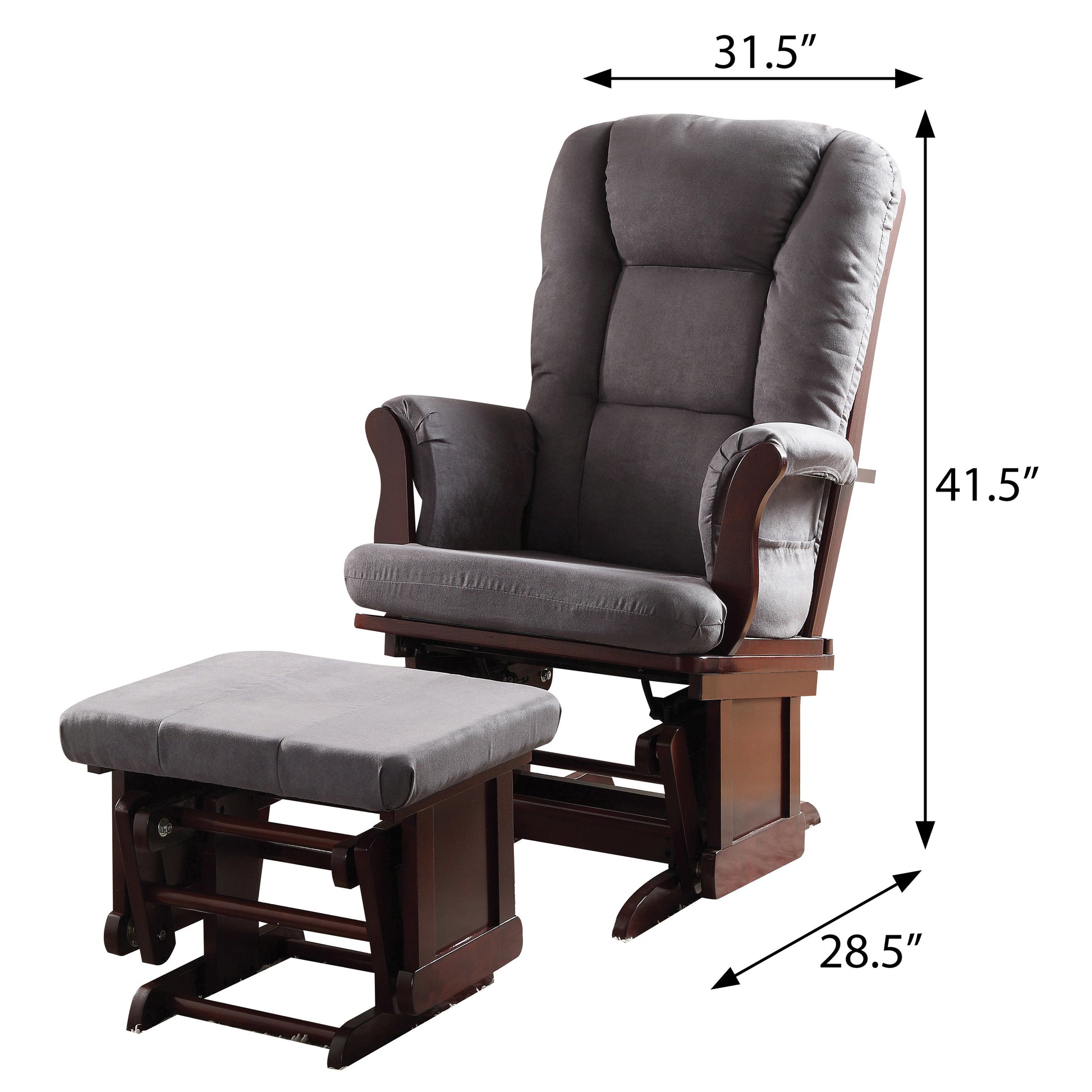 Dark gray upholstered glider chair with wooden base and matching ottoman