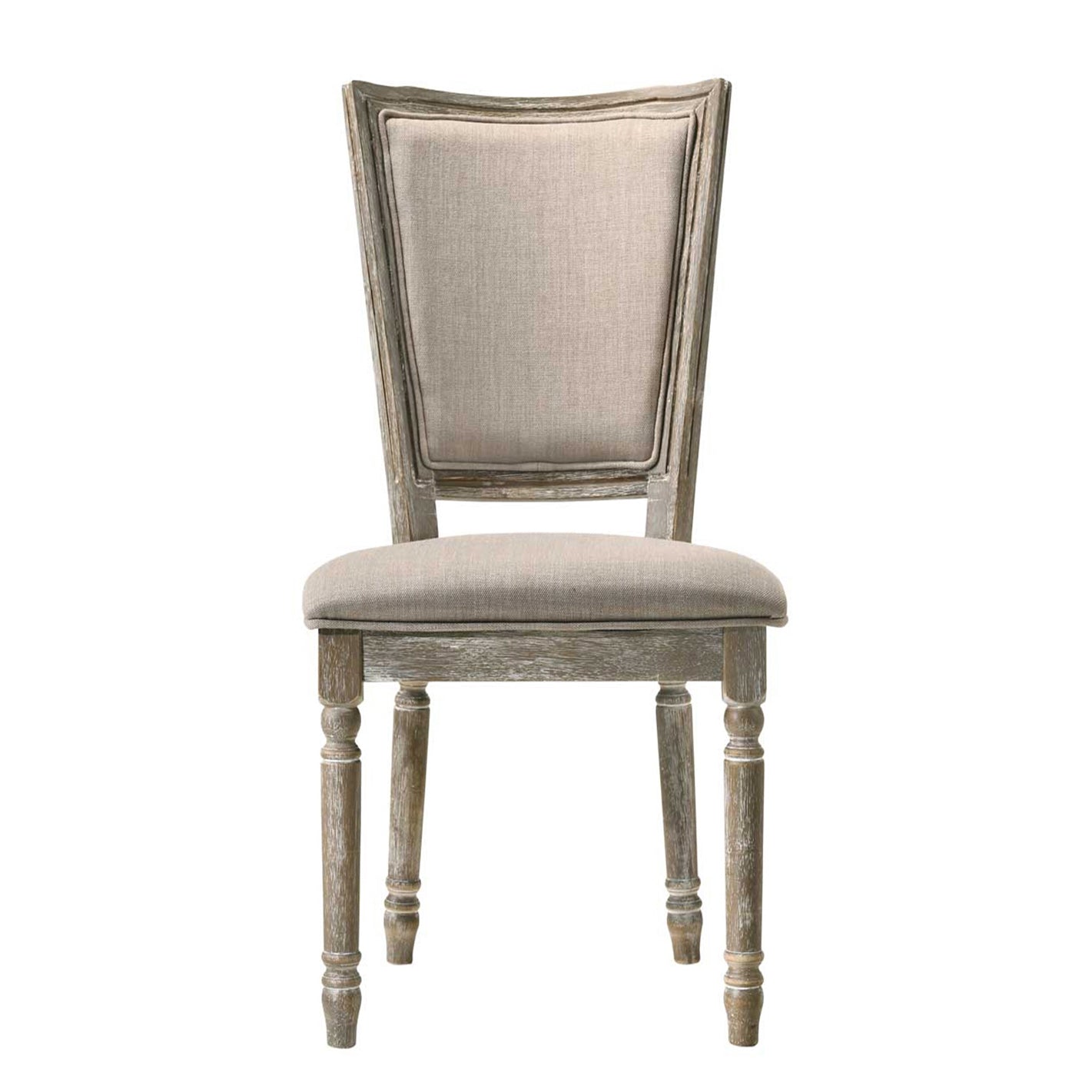 Rustic grey wooden dining chair with beige linen upholstery and turned legs