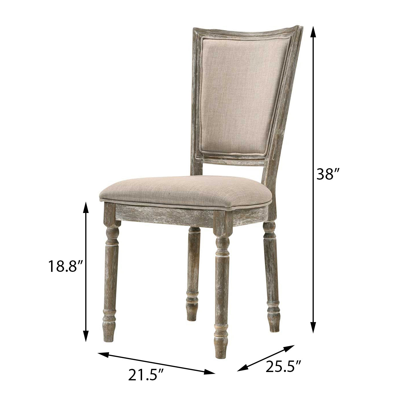 Distressed gray wooden dining chair with neutral upholstered seat and back