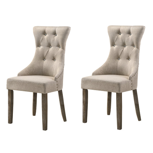 Tufted linen dining chair in beige with distressed wood legs and crystal button accents