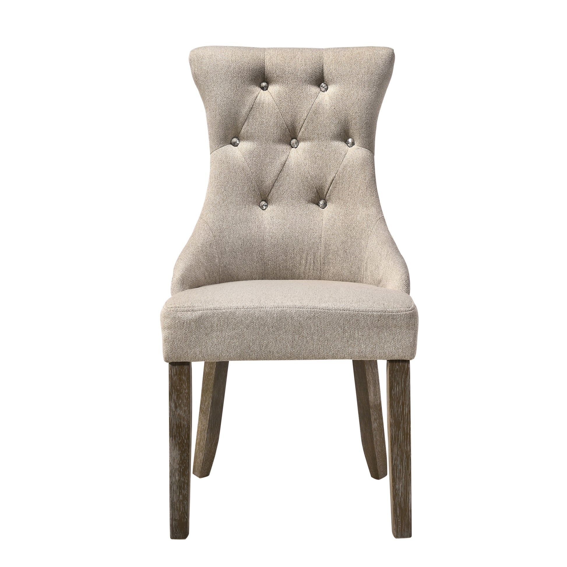 Tufted beige linen dining chair with crystal accents and dark wood legs
