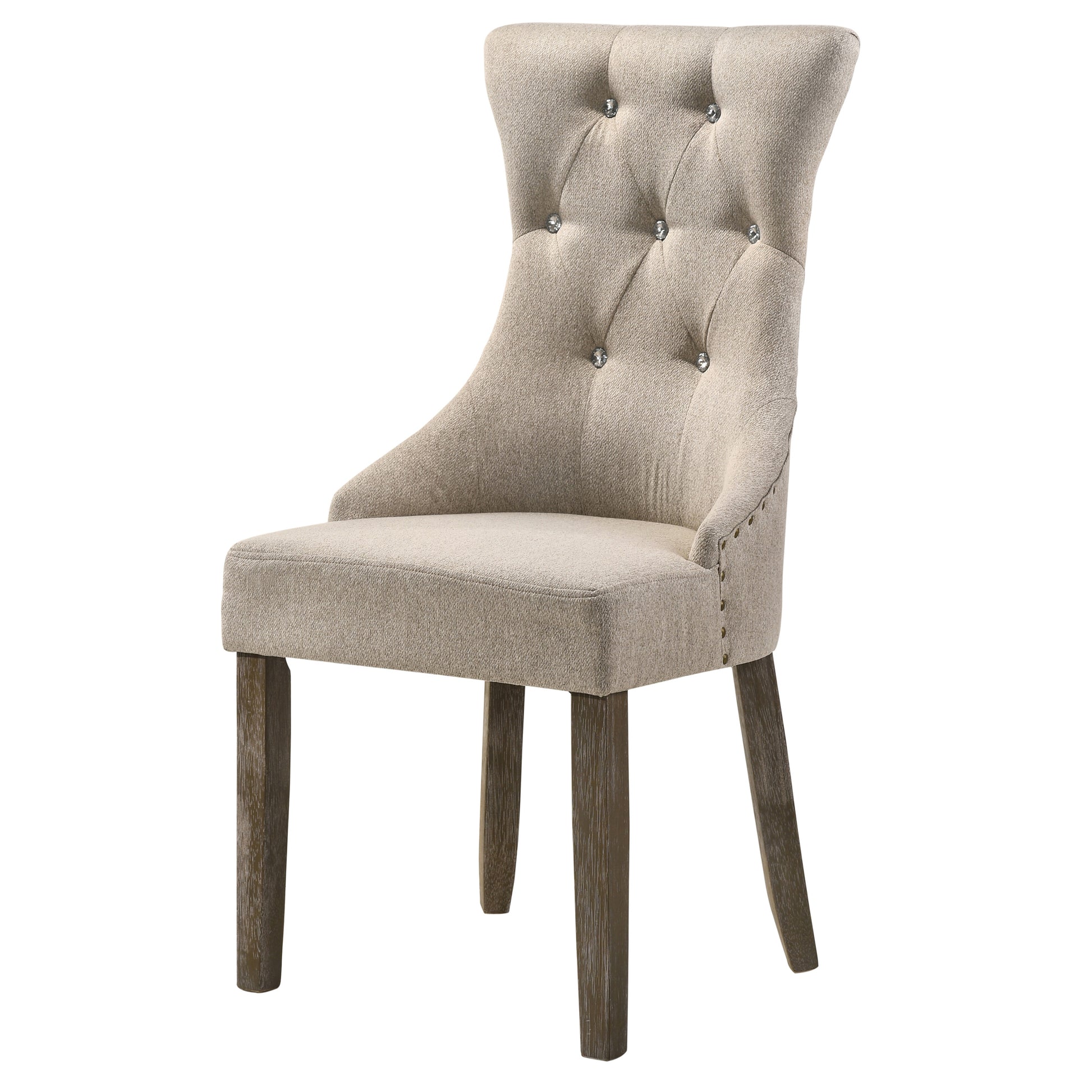 Tufted beige fabric dining chair with crystal buttons and dark wood legs