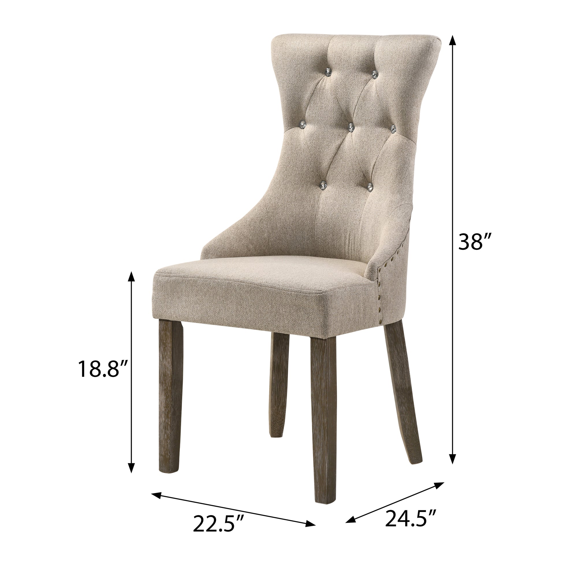 Beige upholstered dining chair with diamond tufting and nailhead trim detail