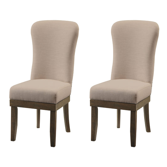 Two neutral beige upholstered dining chairs with dark wood legs
