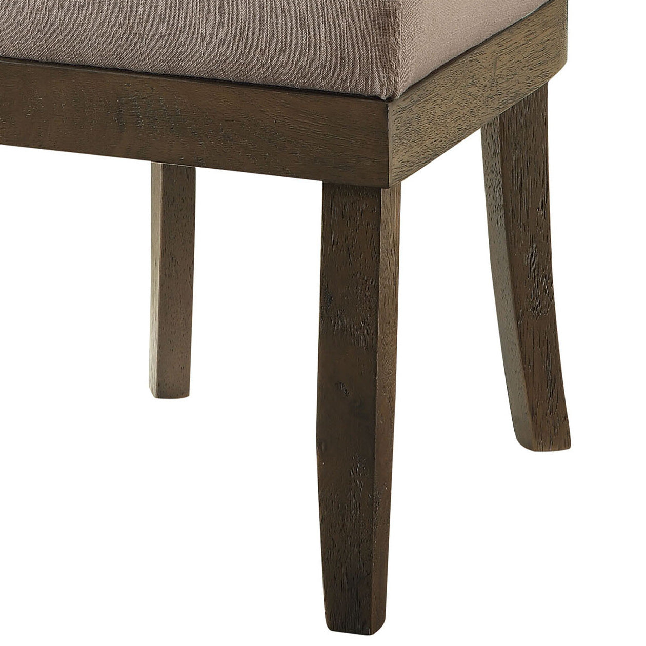 Dark brown wooden bench legs with textured upholstery