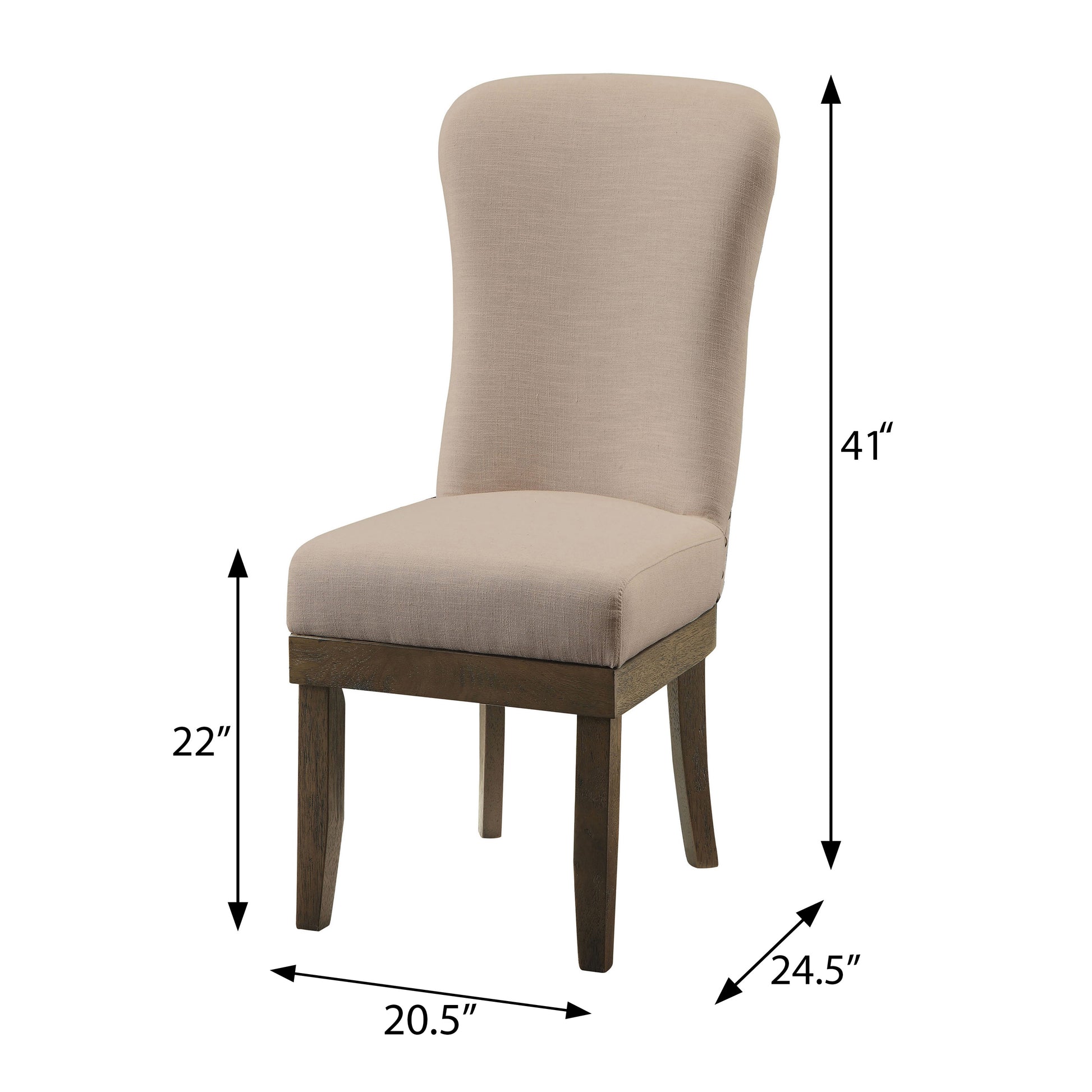Tufted beige linen dining chair with dark wood legs and an elegant wingback design