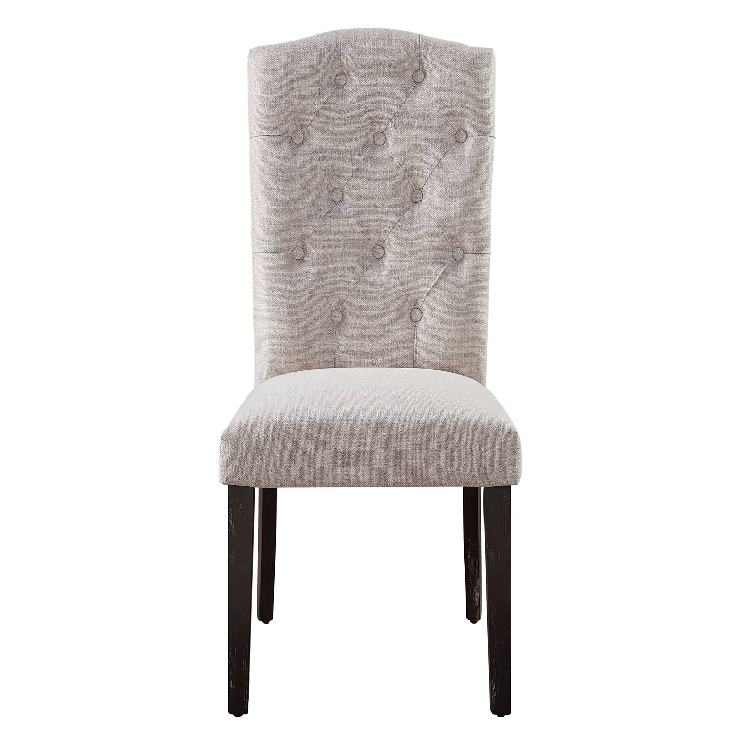 Tufted beige fabric dining chair with dark wooden legs and a curved back