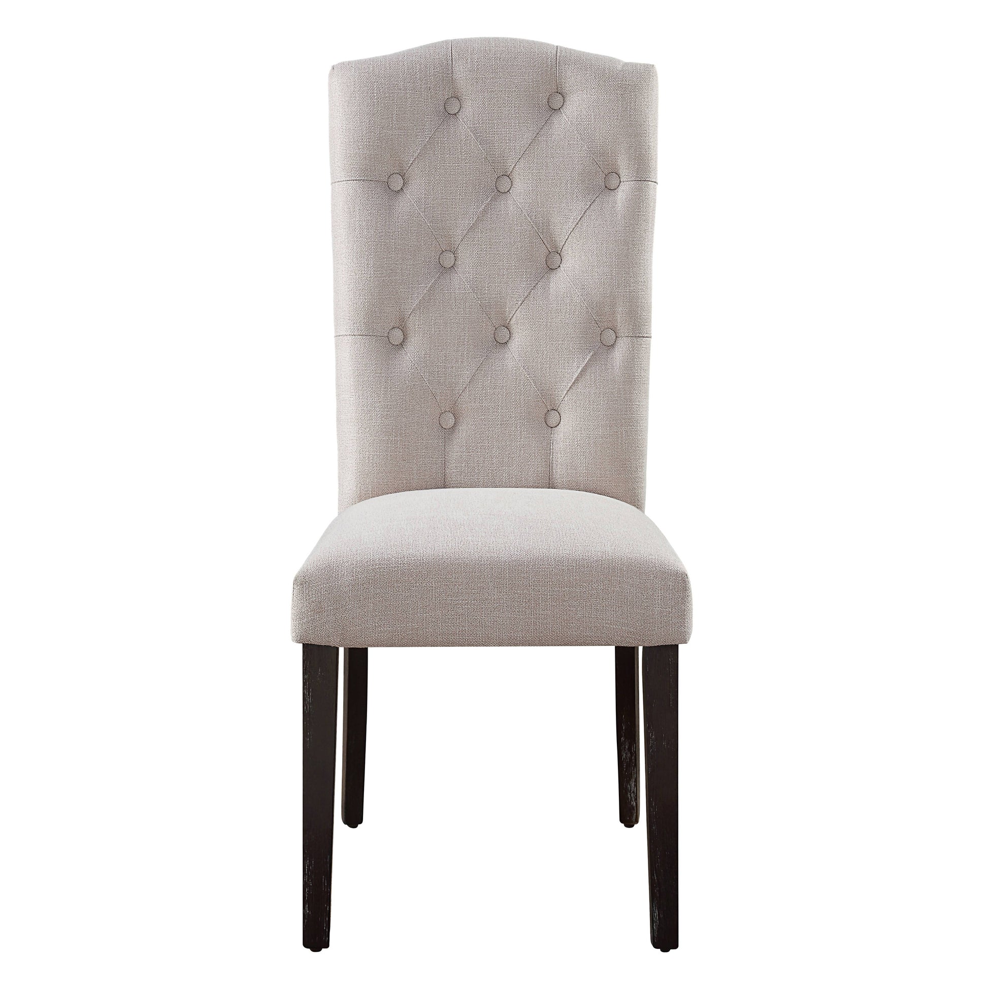 Tufted beige fabric dining chair with dark wooden legs and a curved back
