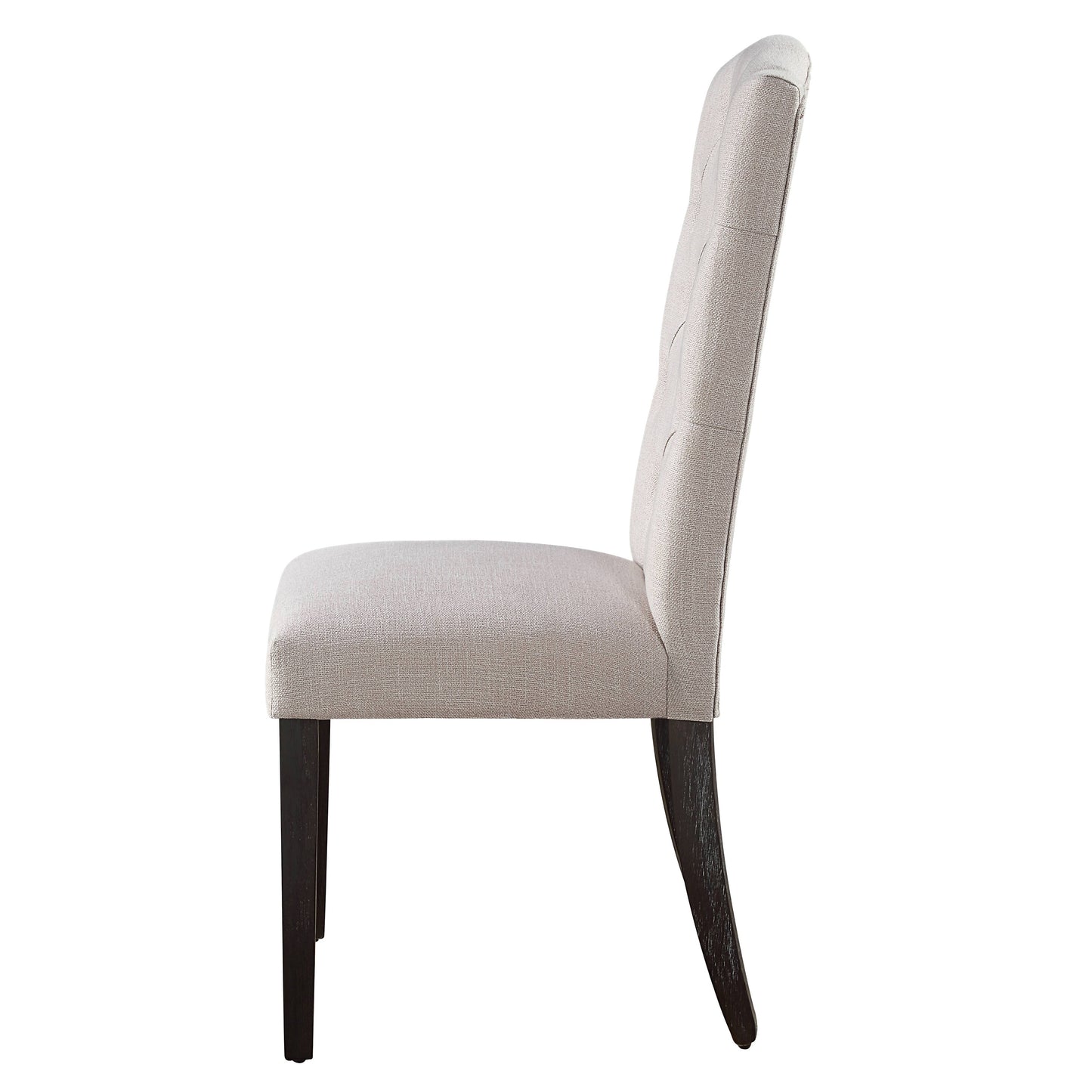 Light grey upholstered dining chair with tufted back and dark wood legs