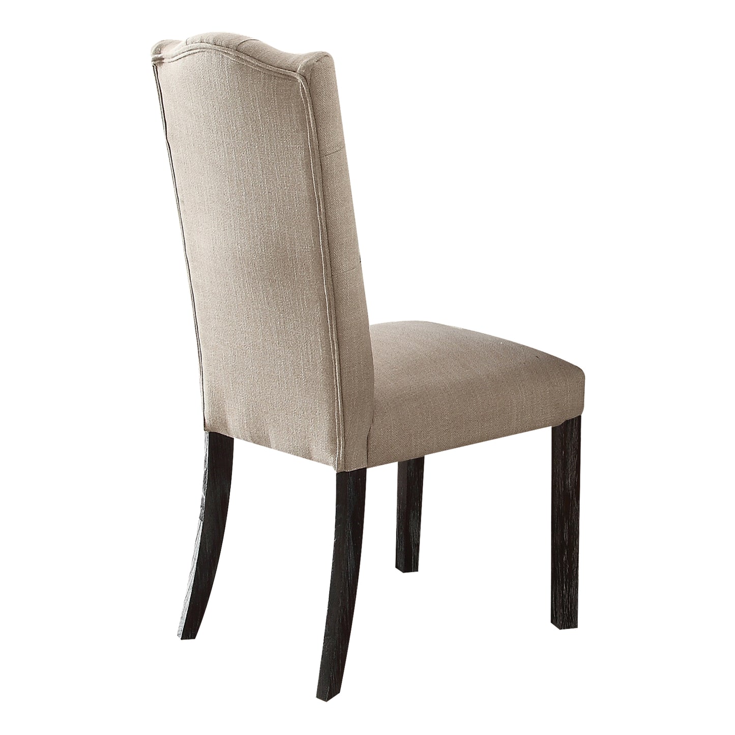 Beige linen upholstered dining chair with dark wood legs