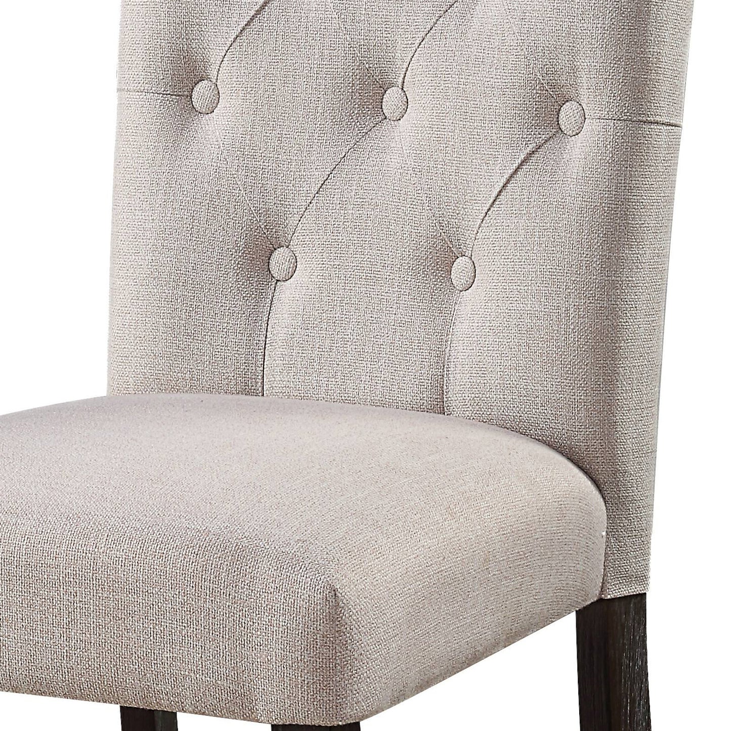 Tufted back upholstered dining chair with beige linen fabric and dark wood legs