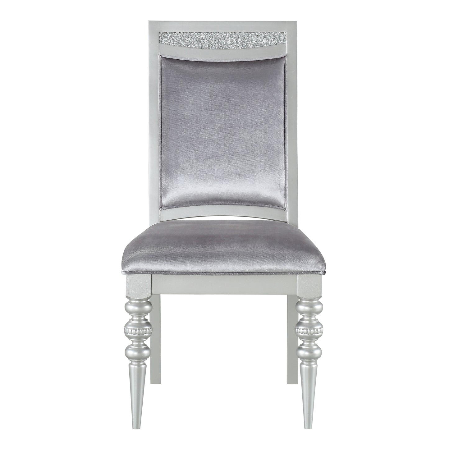 Silver velvet dining chair with ornate legs and crystal accents a luxurious accent piece
