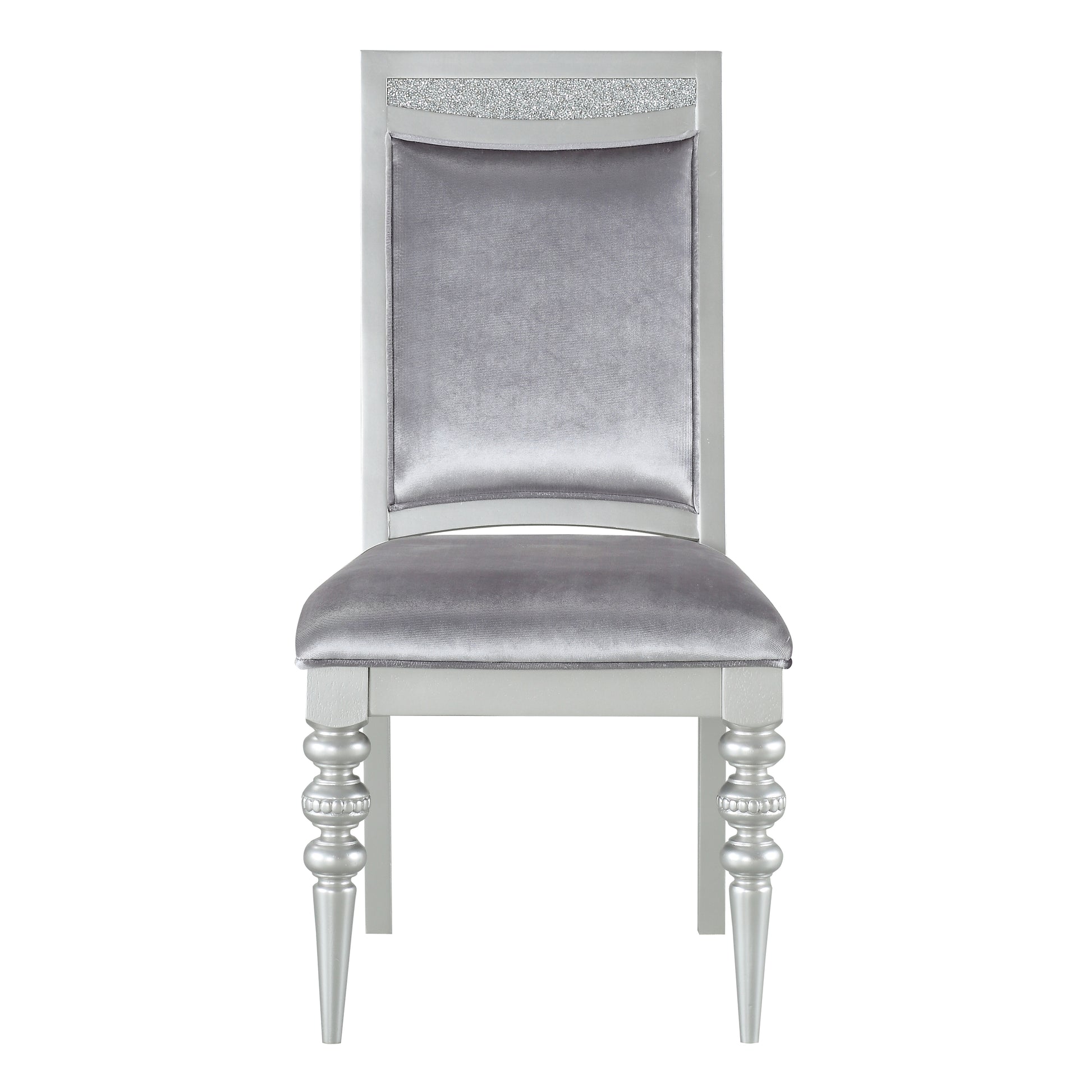 Silver velvet dining chair with ornate legs and crystal accents a luxurious accent piece