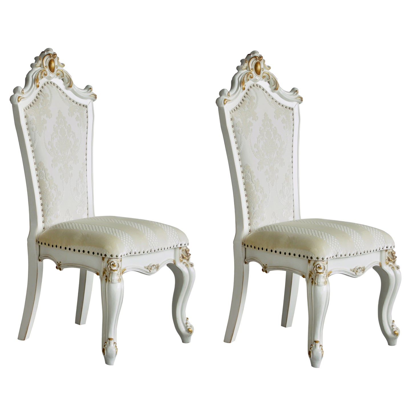 Elegant white upholstered chair with ornate gold accents and damask pattern
