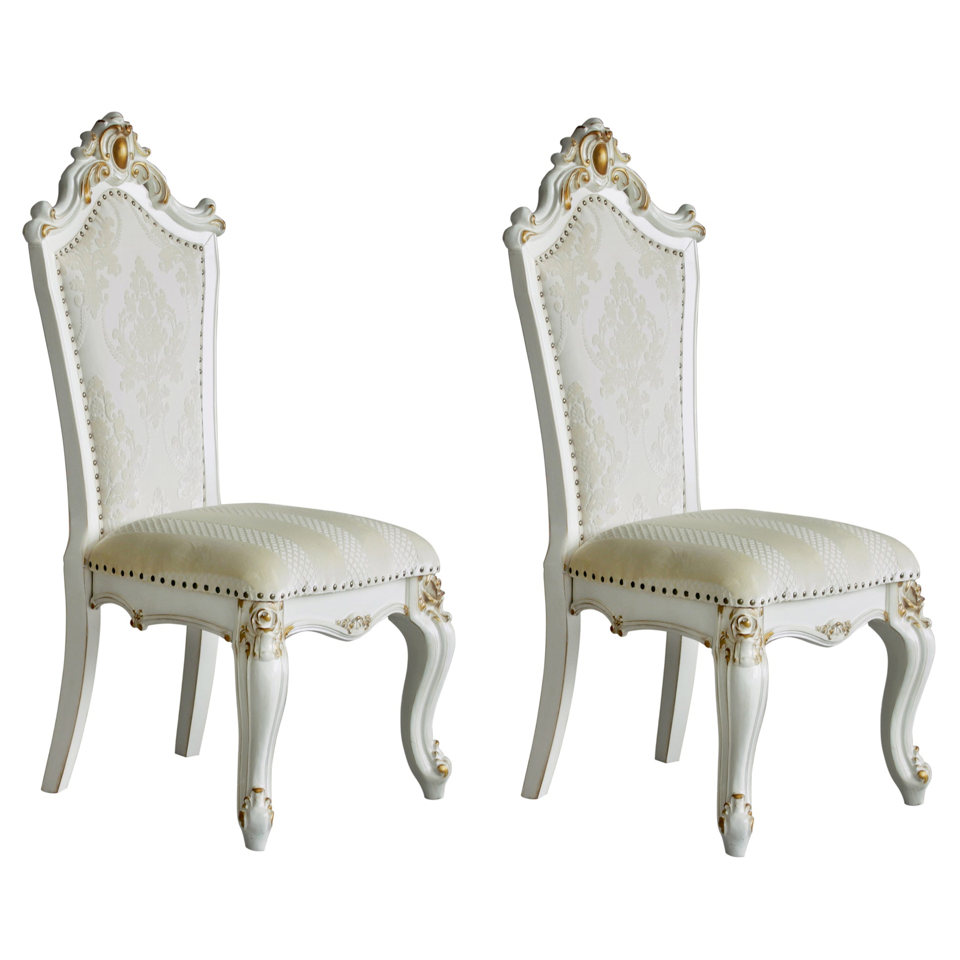 Elegant white upholstered chair with ornate gold accents and damask pattern