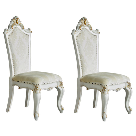 Elegant white upholstered chair with ornate gold accents and damask pattern