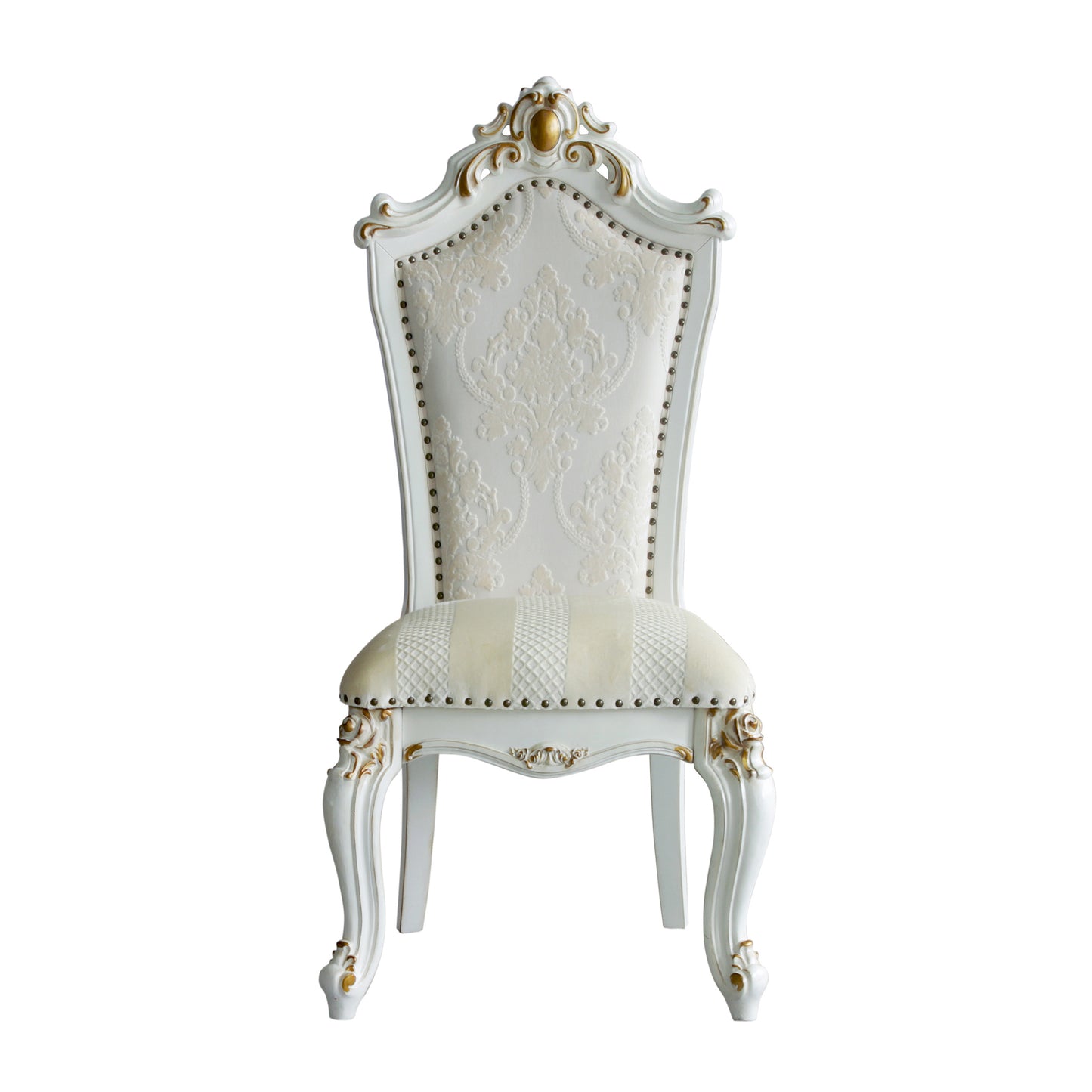 Ornate white dining chair with gold accents and damask pattern upholstery