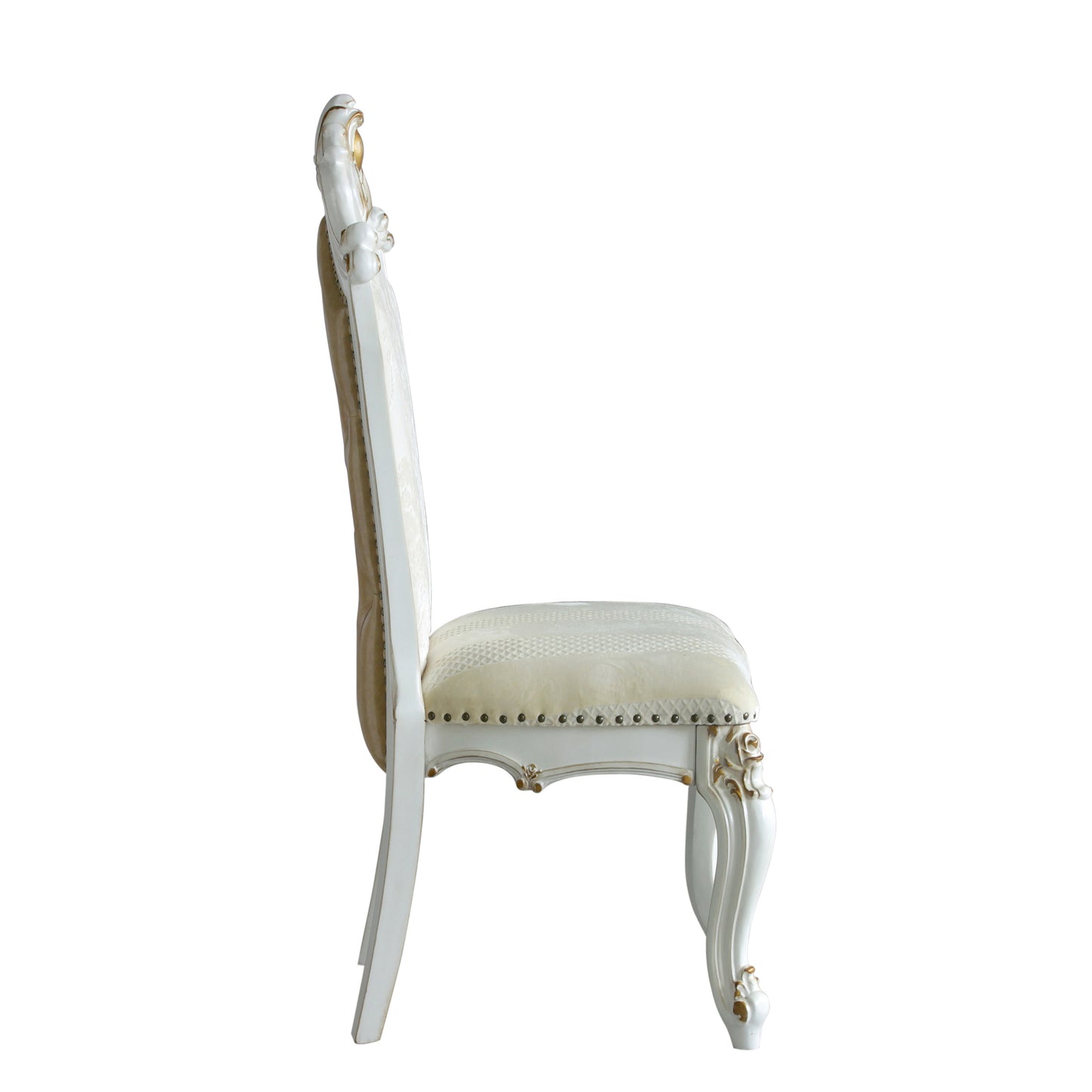 Ornate baroque dining chair with carved white wood frame and beige upholstered seat