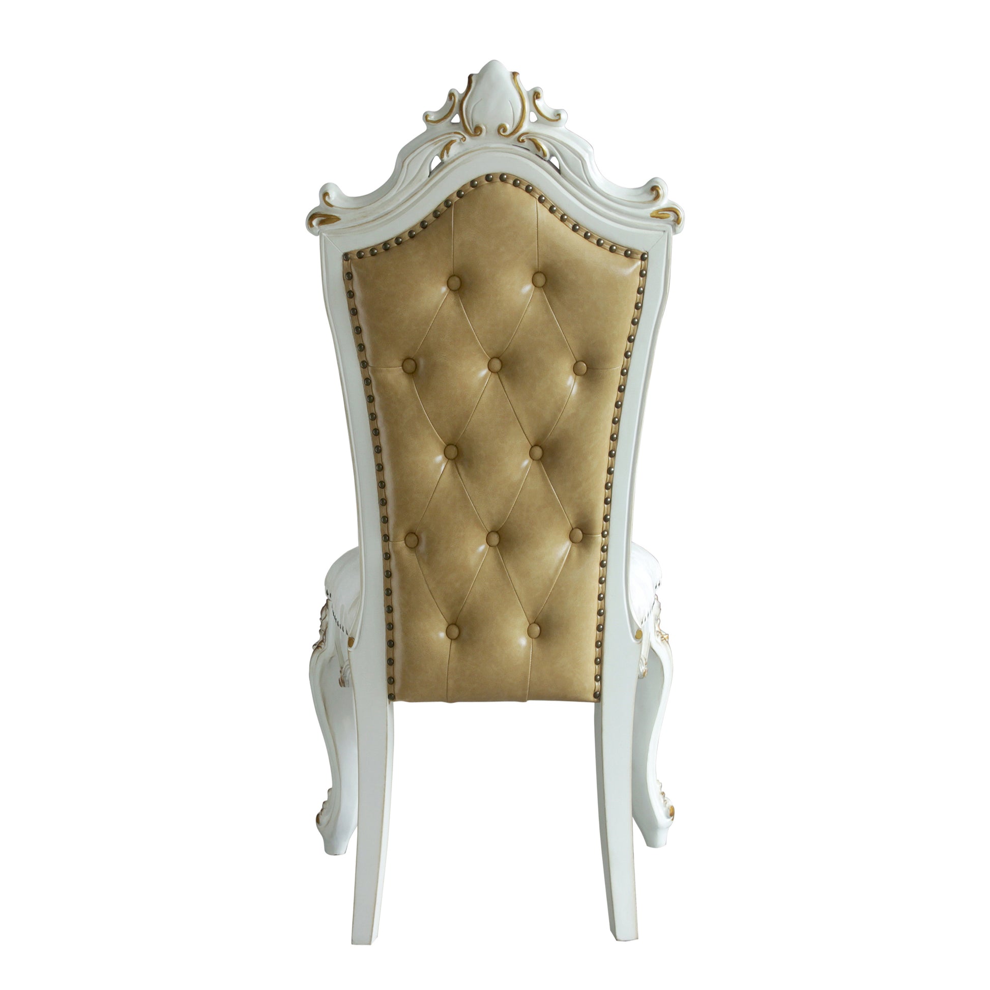 Ornate white and gold ornate throne chair with tufted tan leather upholstery