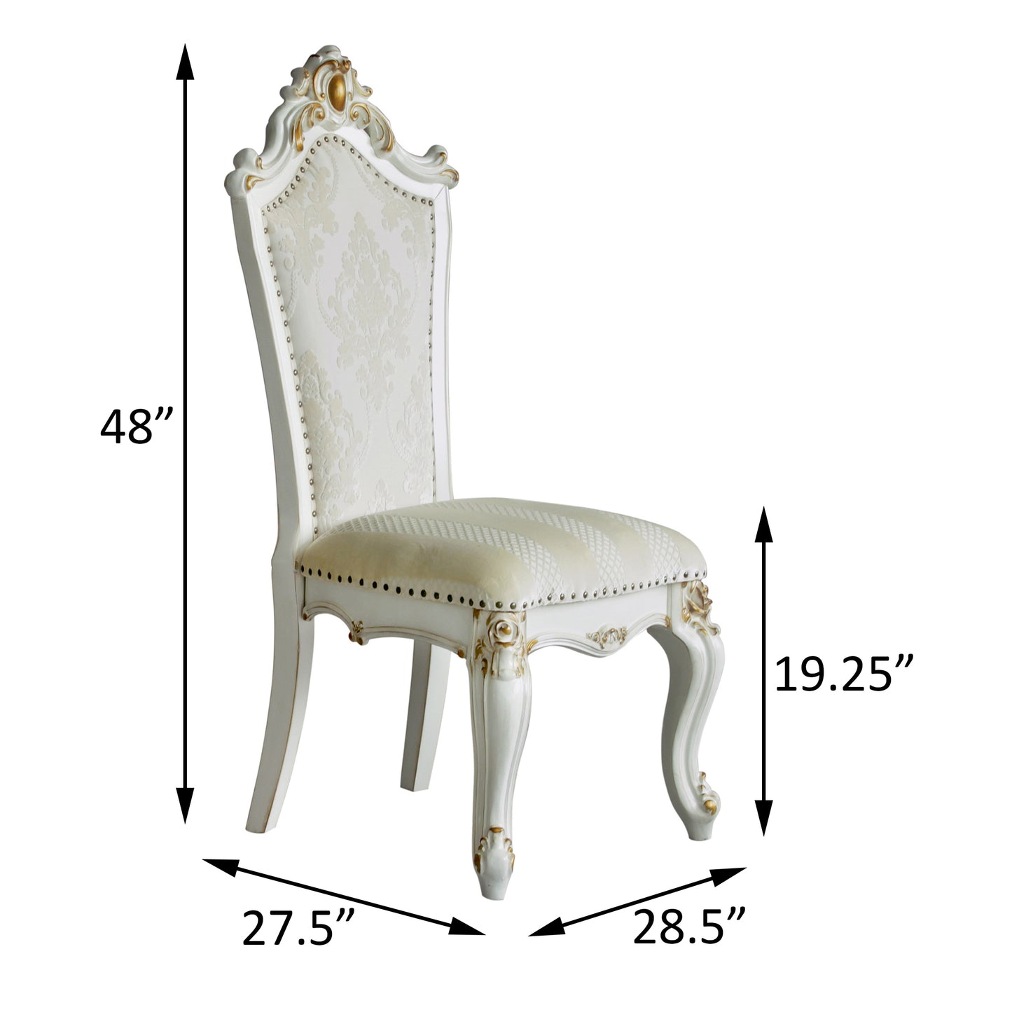 White baroque dining chair with ornate carved details and gold accents