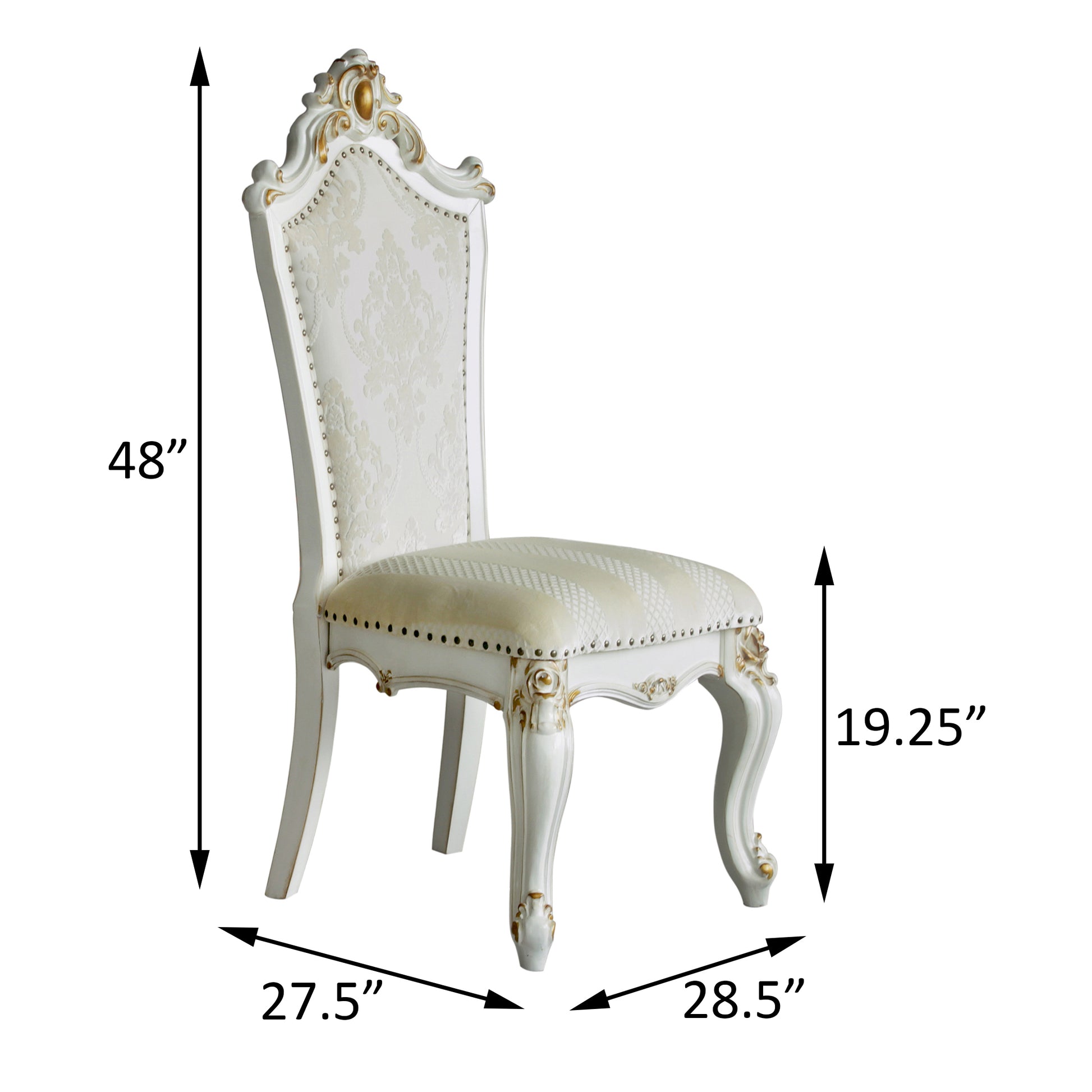 White baroque dining chair with ornate carved details and gold accents