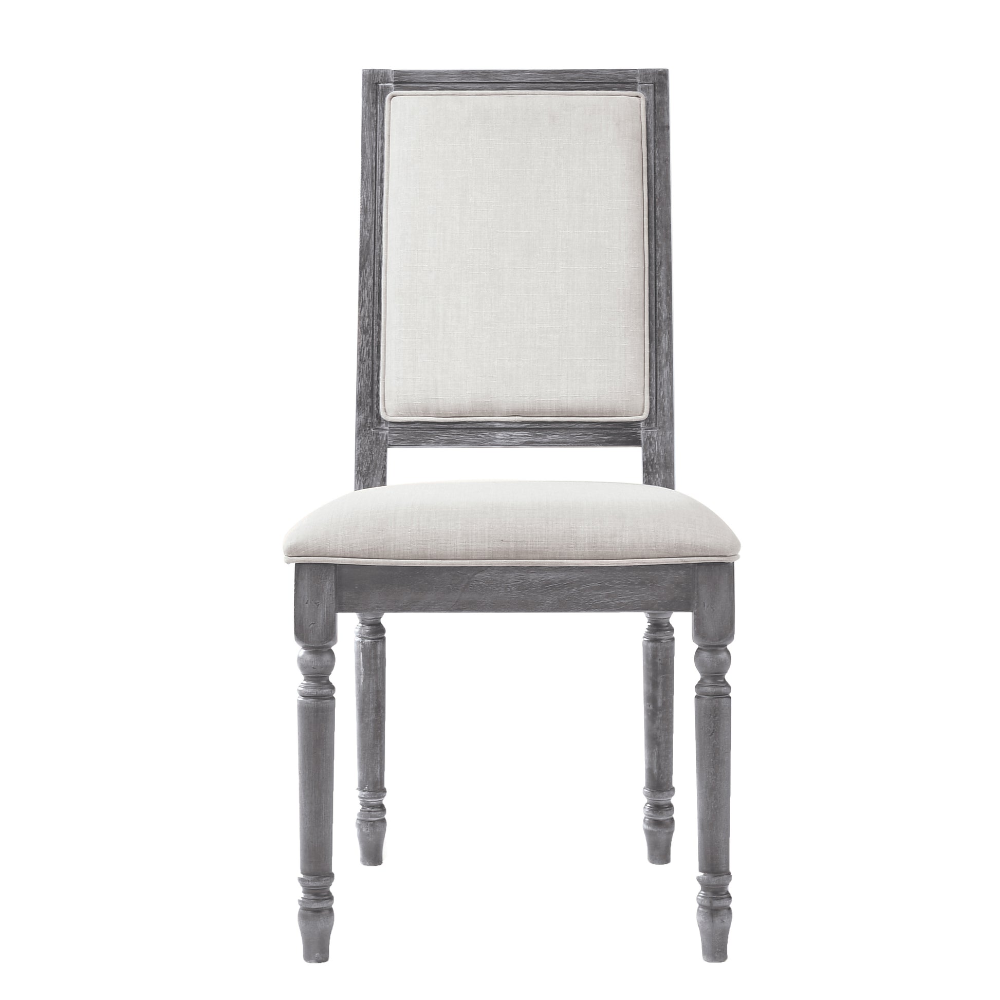 Distressed gray wood frame chair with upholstered linen seat and backrest