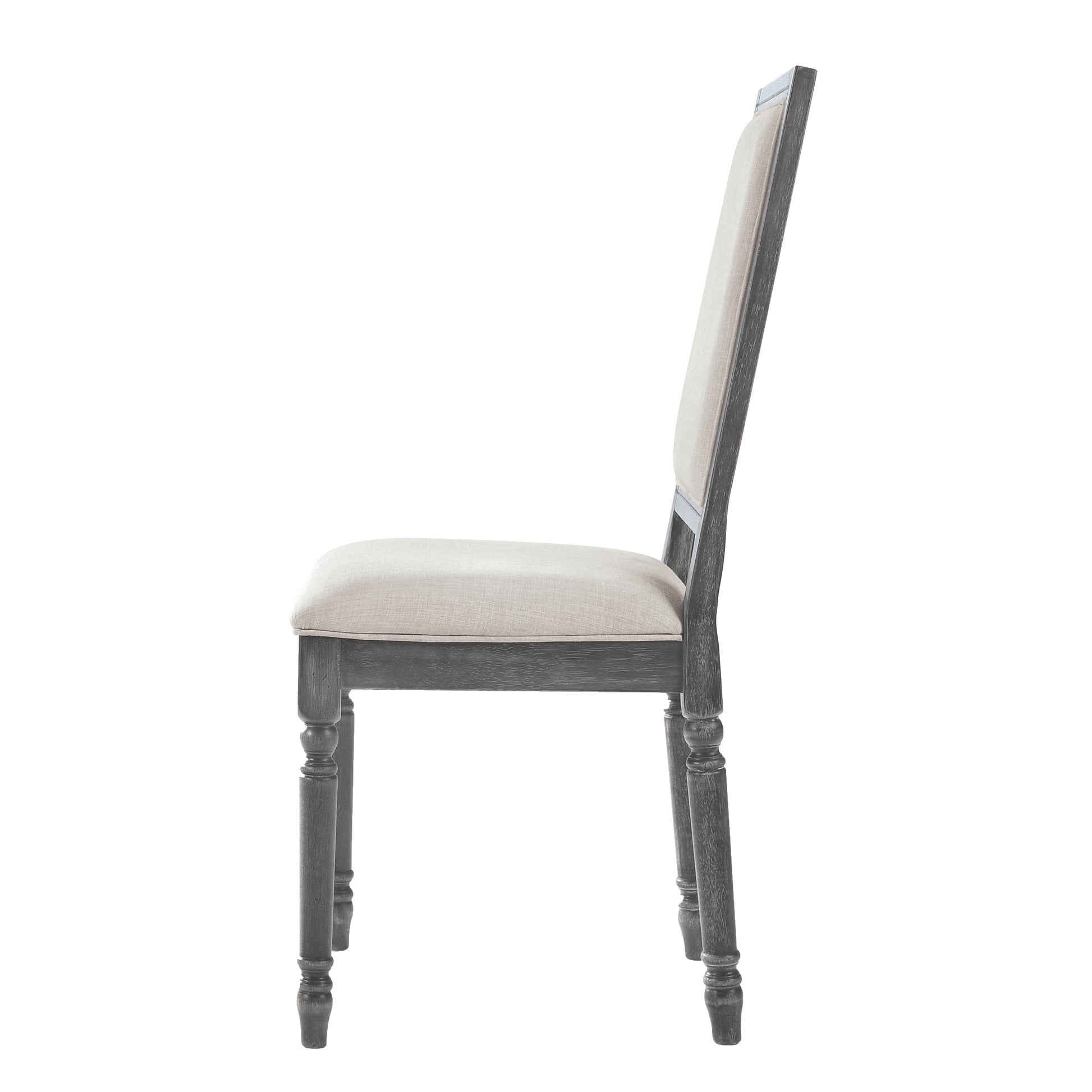 Grey wood dining chair with beige linen seat and backrest classic design