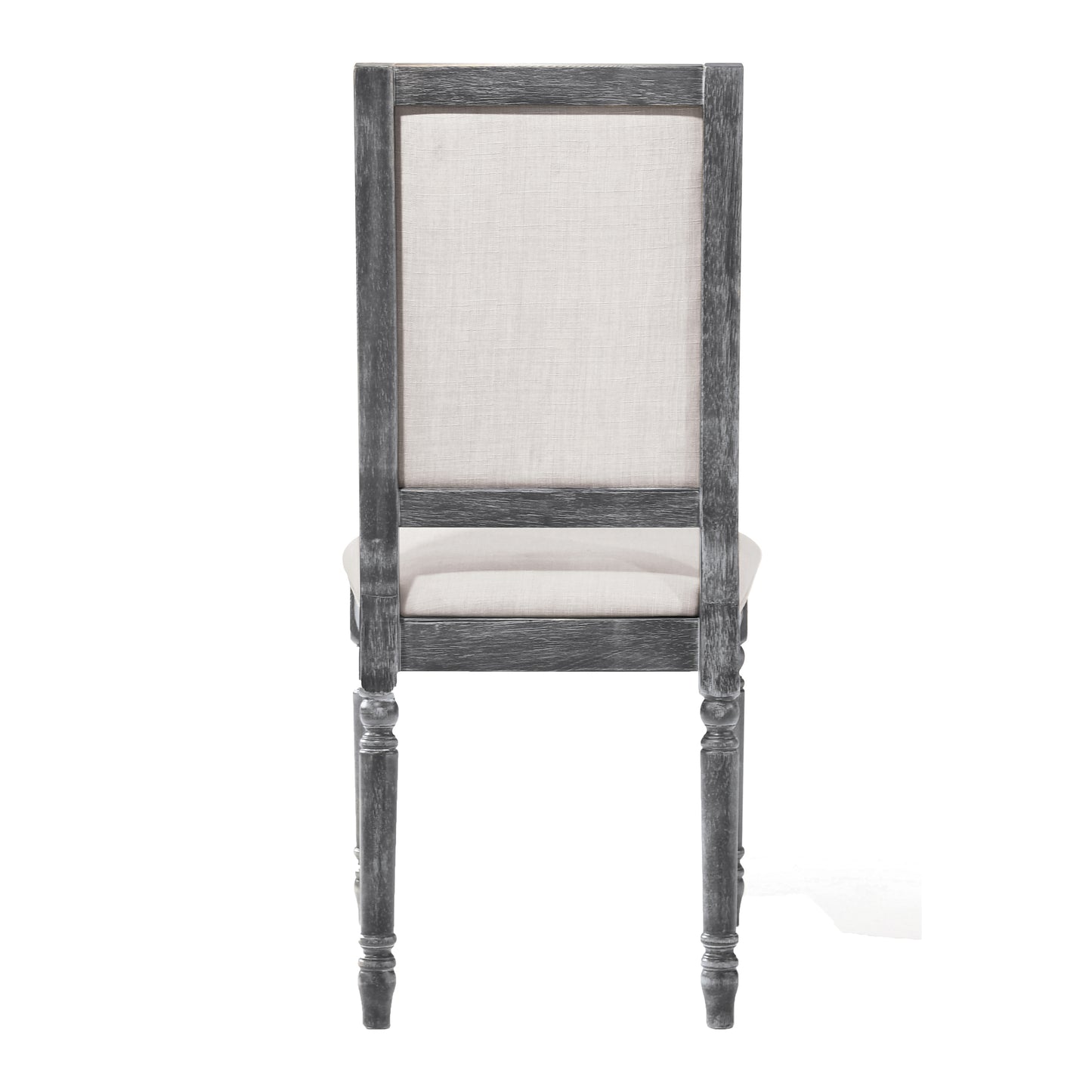 Distressed grey wood frame chair with a beige linen upholstered back and seat
