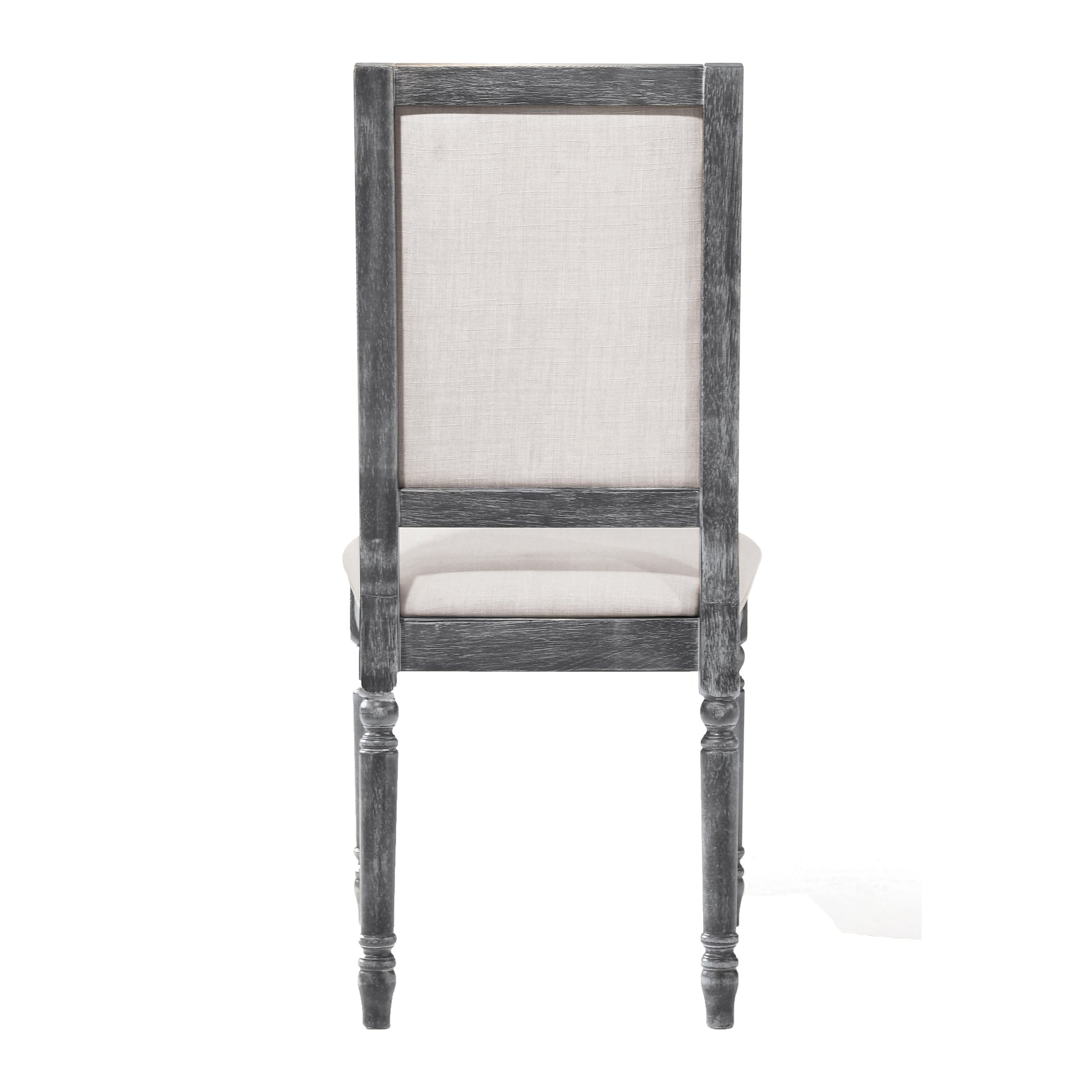 Distressed grey wood frame chair with a beige linen upholstered back and seat