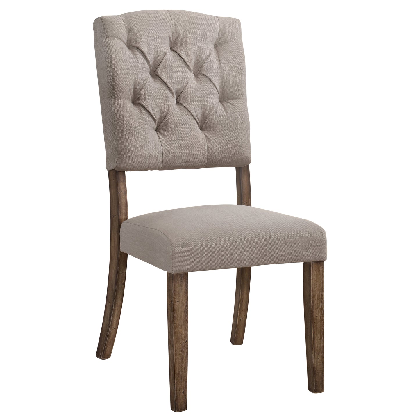 Tufted upholstered dining chair in beige linen with wooden legs