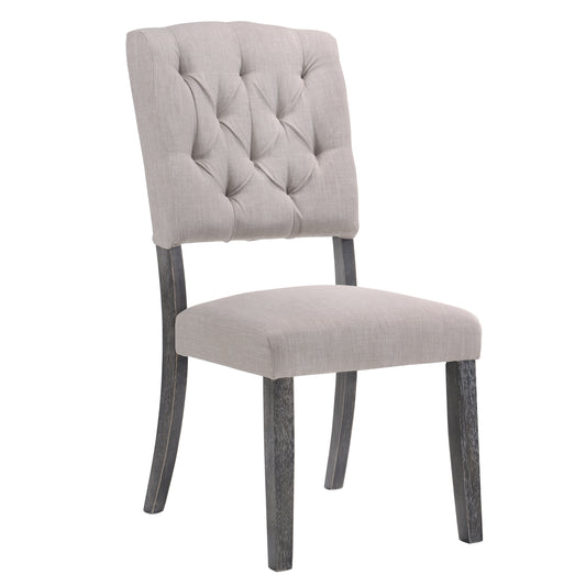 Tufted grey linen dining chair with dark wood legs