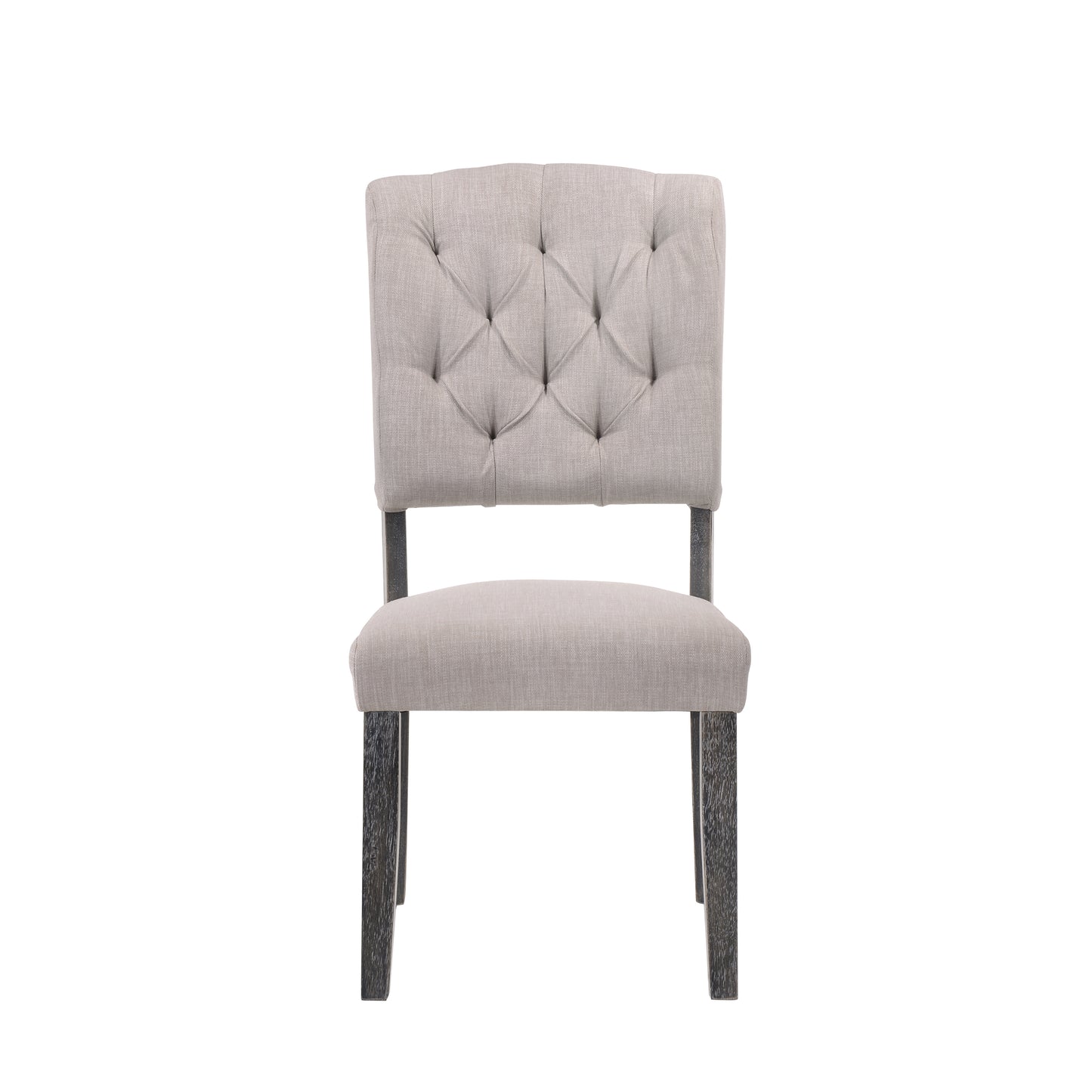 Tufted linen dining chair with dark wood legs in a neutral beige hue