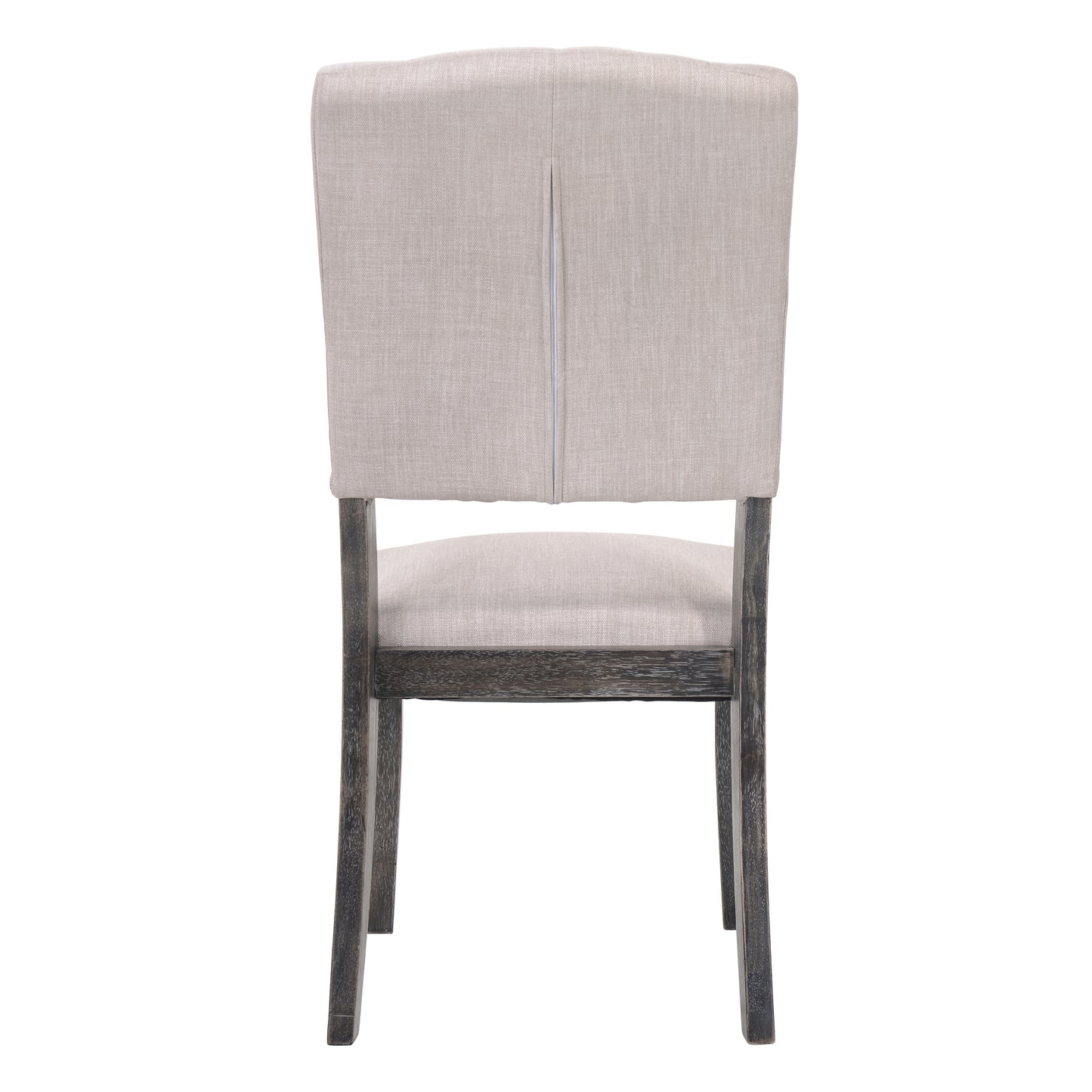 Elegant upholstered dining chair with a grey linen back and seat and distressed wood legs