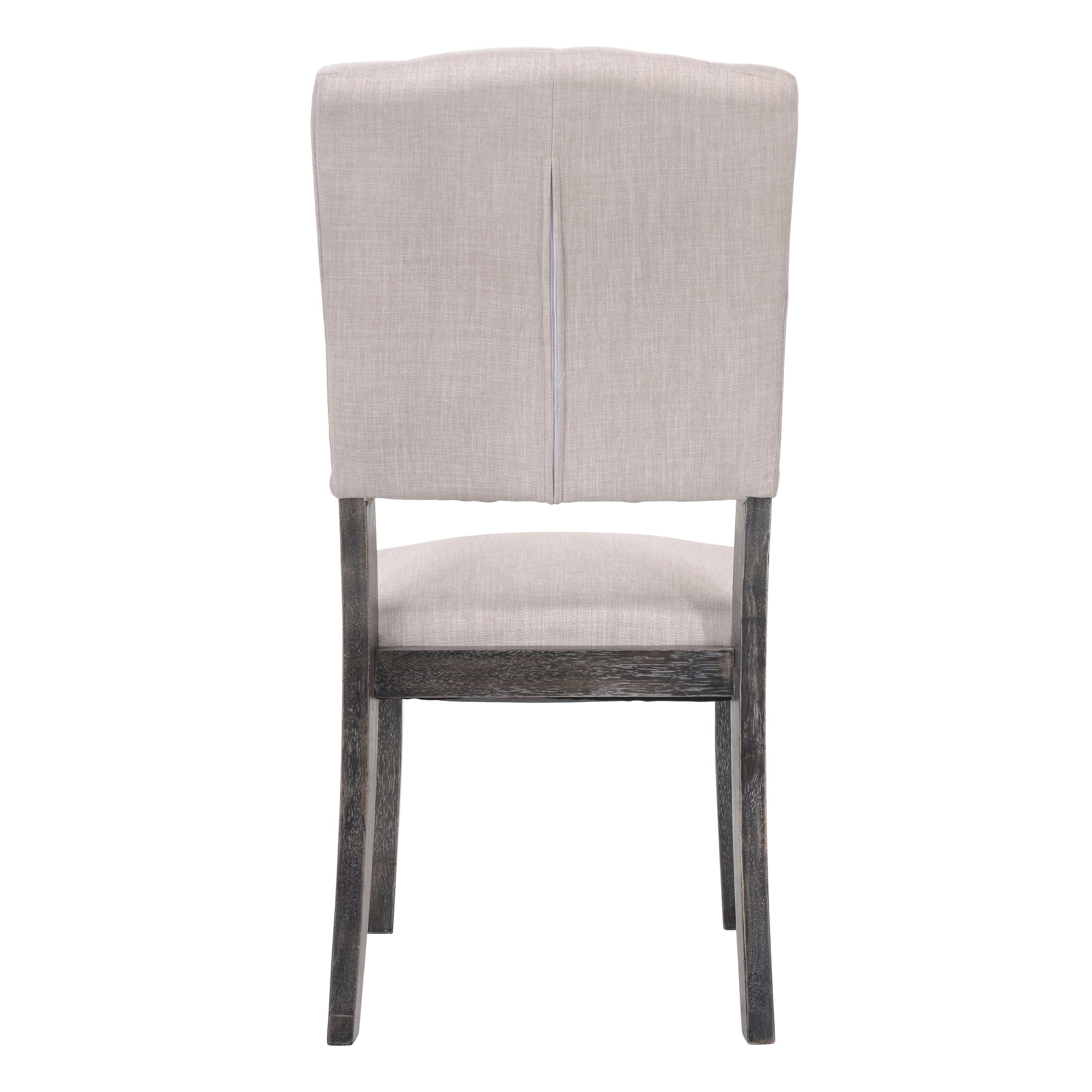 Elegant upholstered dining chair with a grey linen back and seat and distressed wood legs