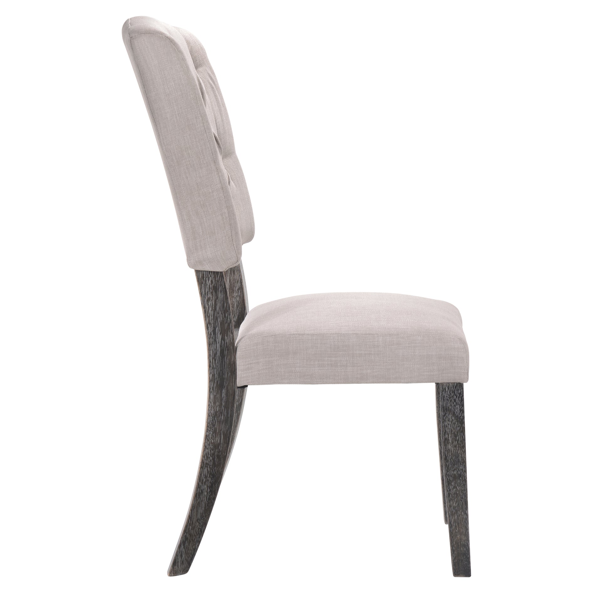 Elegant upholstered dining chair in light grey linen with tufted back and dark wood legs