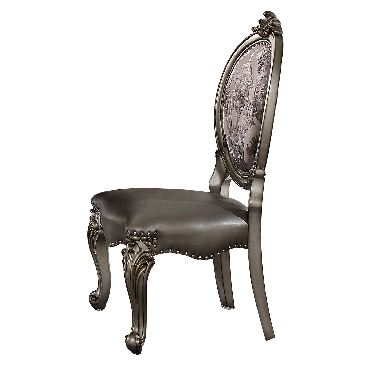 Ornate Louis XV style armchair with dark grey faux leather seat and upholstered back