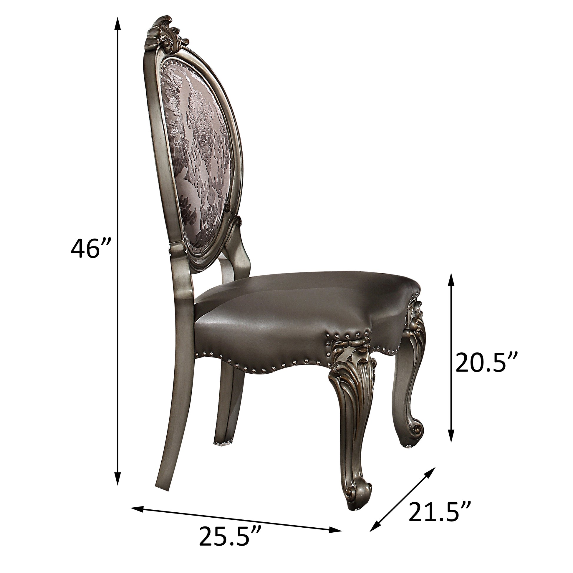 Ornate carved antique dining chair with upholstered seat and oval back antique silver finish