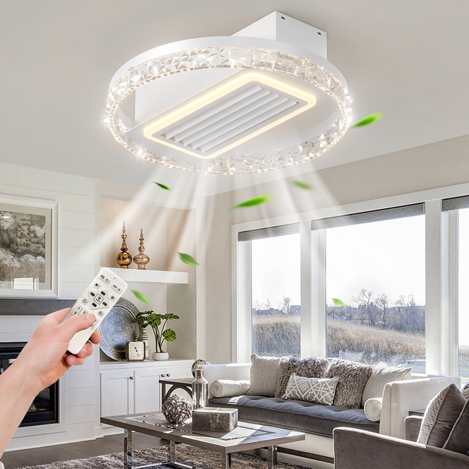 Modern white circular ceiling fan with crystal accents and LED light controlled by remote