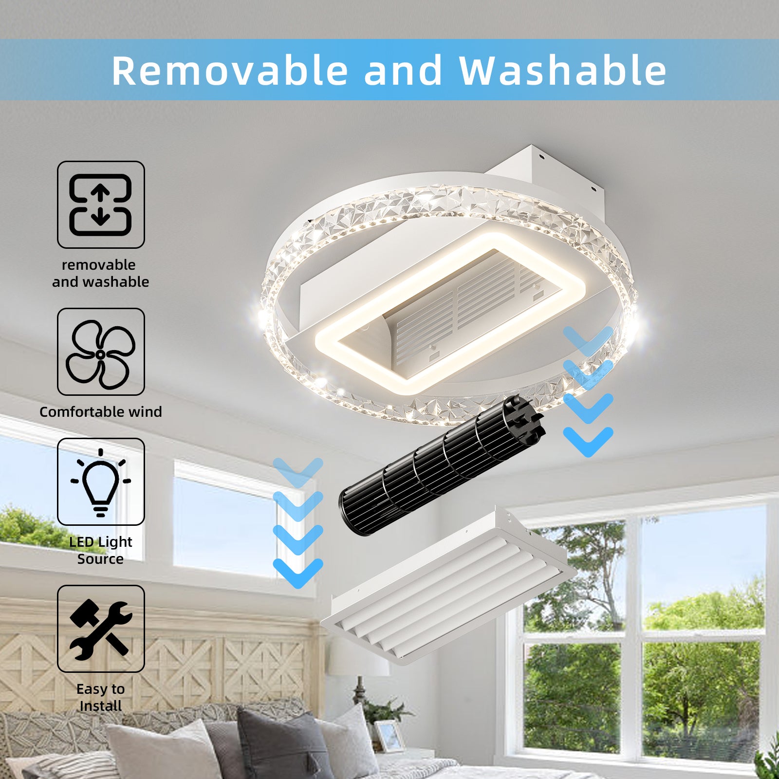 Modern white ceiling fan light with crystal trim featuring removable fan and LED light source