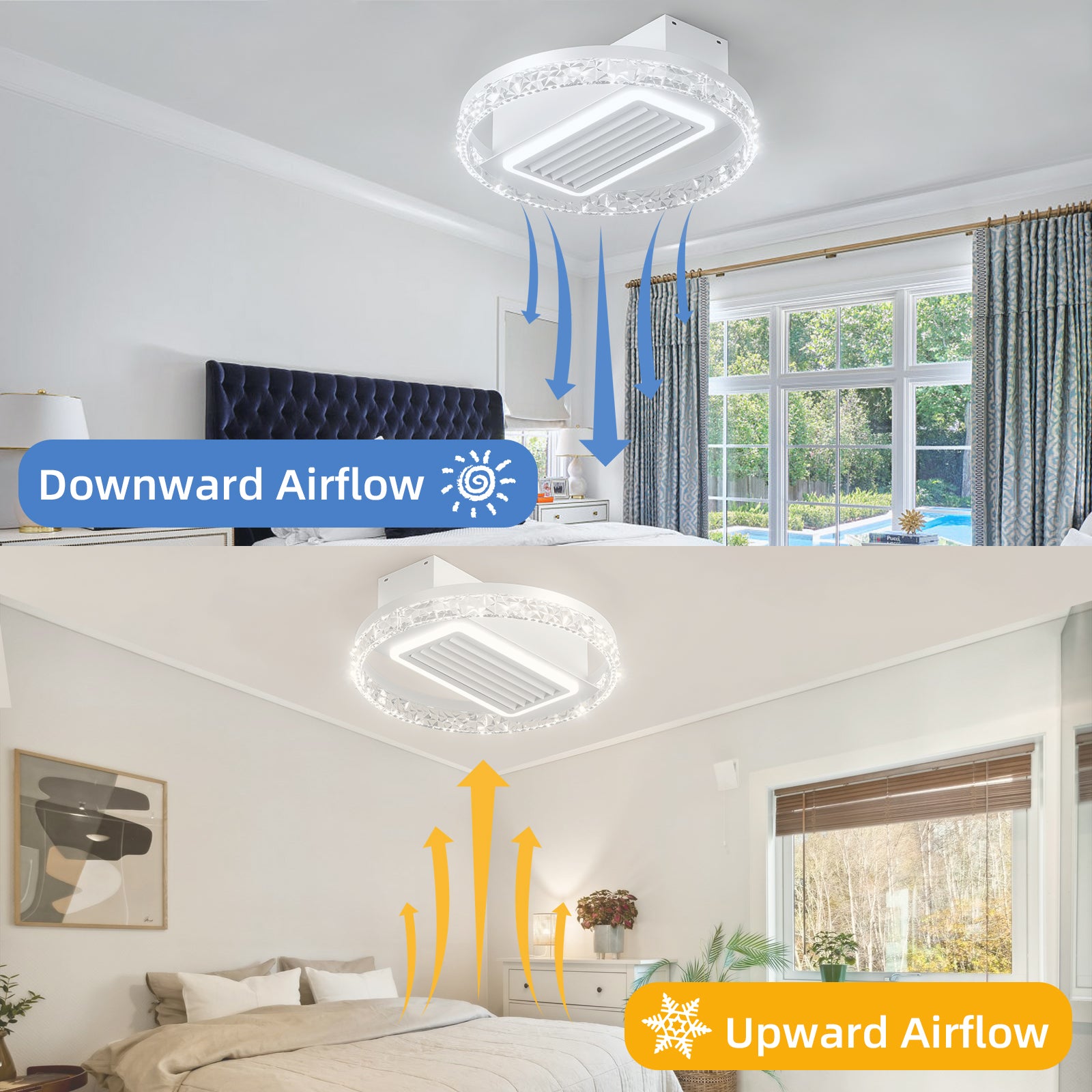 Modern ceiling fan with crystal accents displaying downward airflow in a bedroom