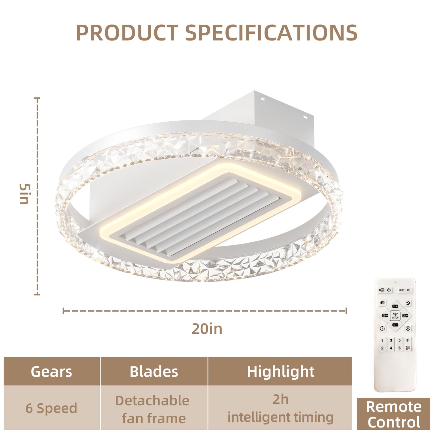 White flush mount ceiling fan with crystal accent ring and integrated LED light