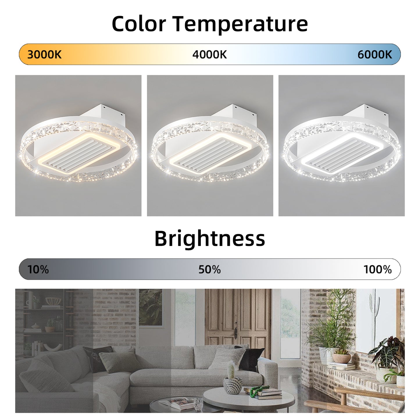 Modern white ceiling light with crystal trim and adjustable color temperature from K to K