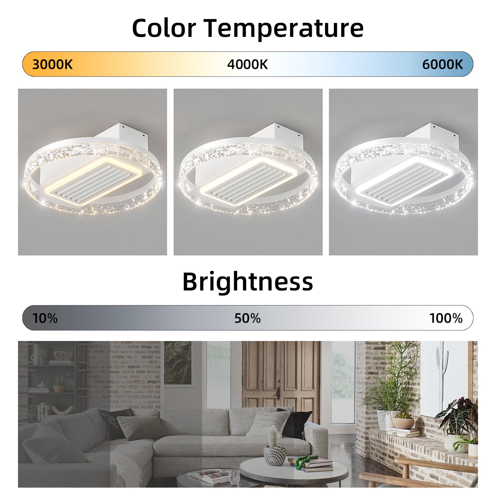 Modern white ceiling light with crystal trim and adjustable color temperature from K to K