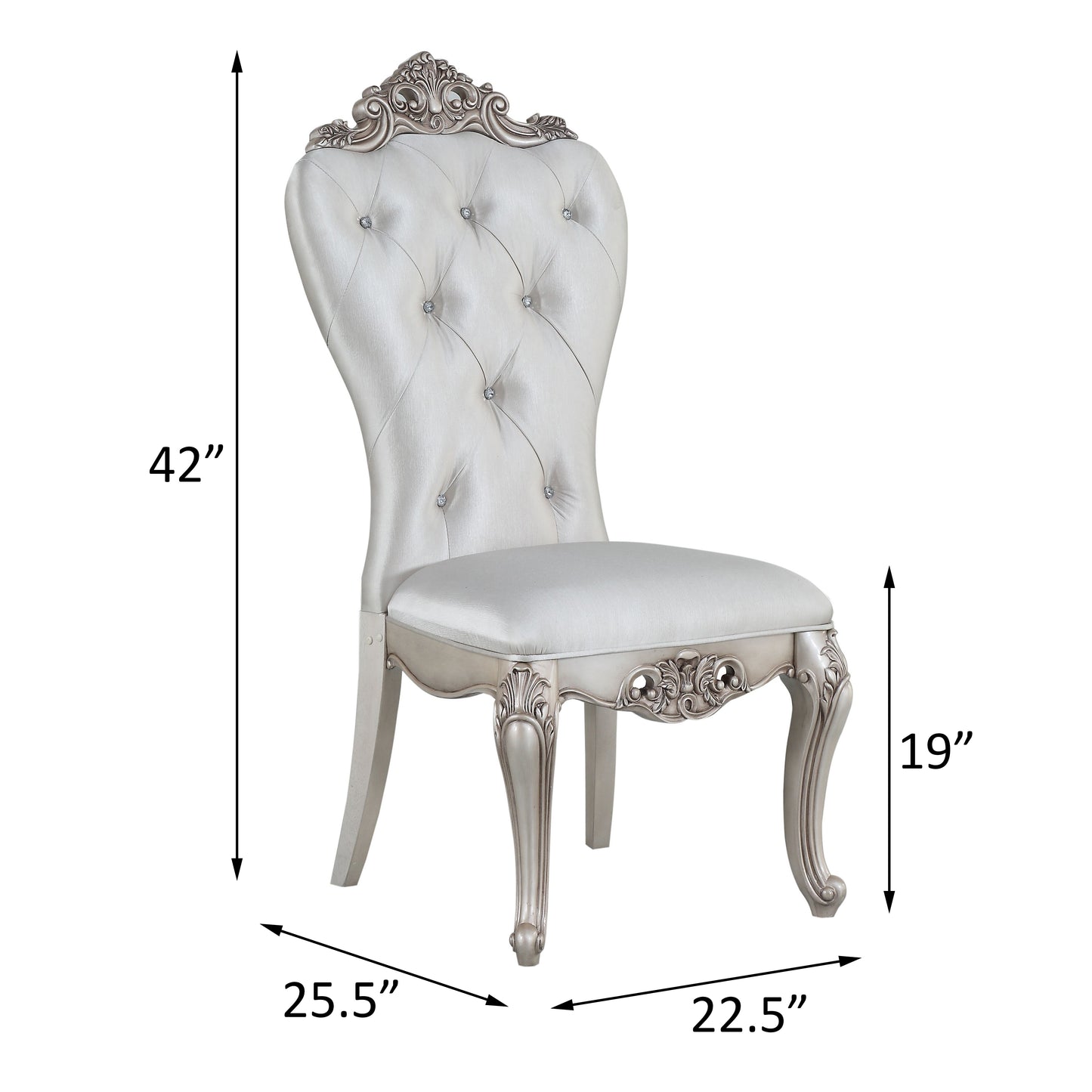 Elegant silver tufted dining chair with crystal accents and ornate legs
