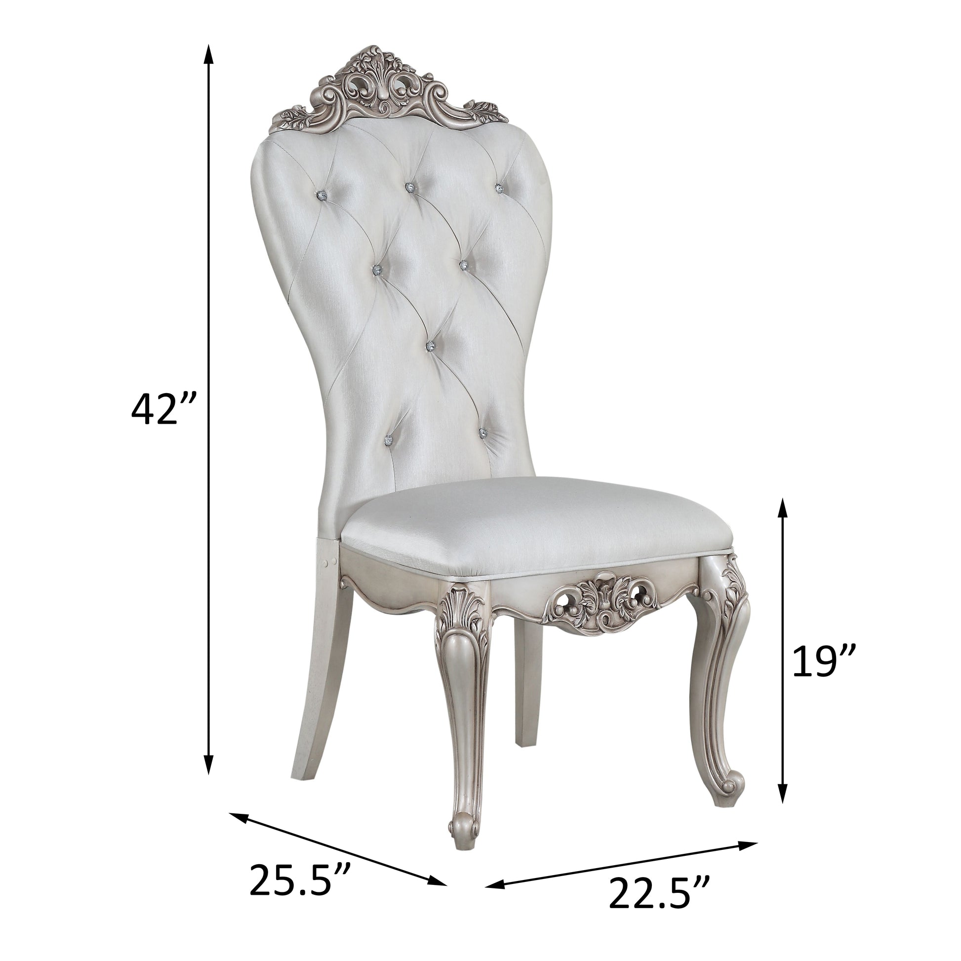 Elegant silver tufted dining chair with crystal accents and ornate legs