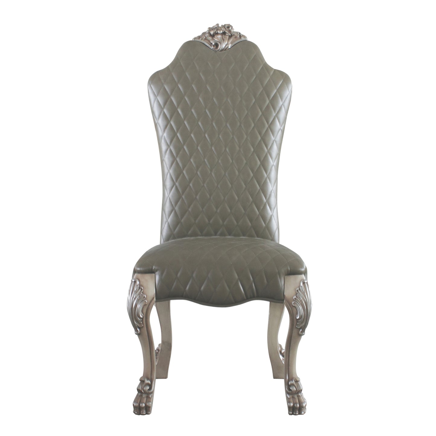 Elegant grey tufted upholstered dining chair with ornate silver carved legs