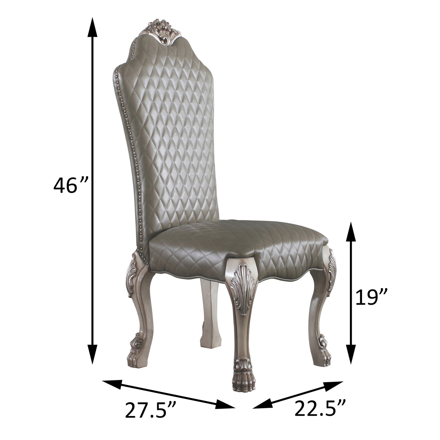 Tufted taupe upholstered dining chair with silver ornate legs and decorative nailhead trim