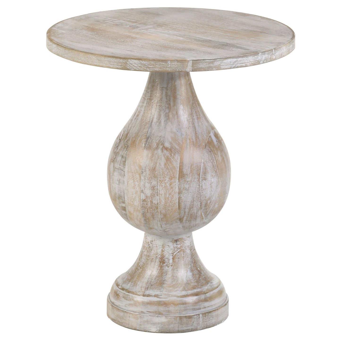 Distressed wood pedestal accent table with round top